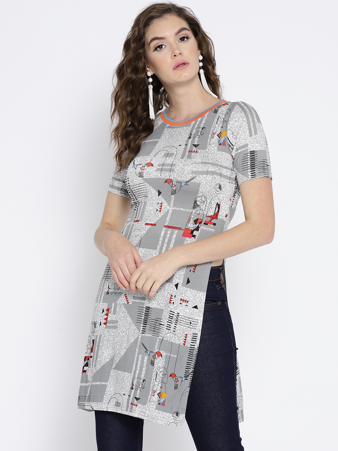 

Global Desi Women Grey Quirky Printed Kurta