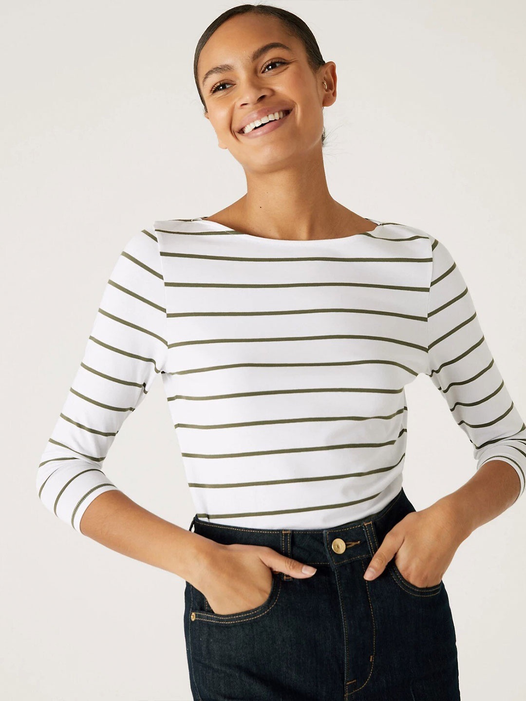 

Marks & Spencer Striped Boat Neck Cotton Regular Top, White