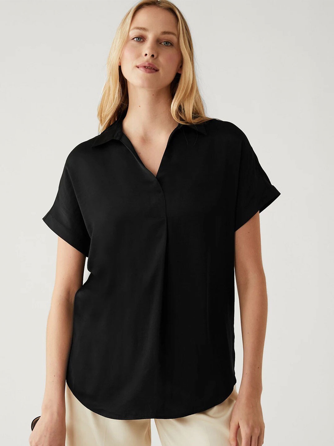 

Marks & Spencer Shirt Collar Extended Sleeves Regular Top, Black