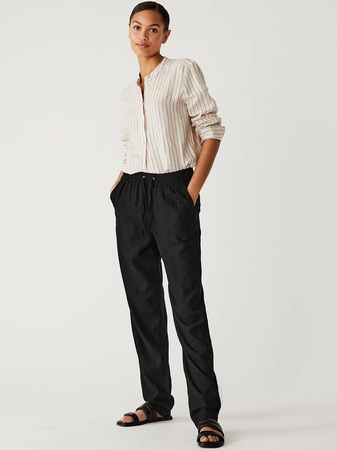 

Marks & Spencer Women Tapered Fit High-Rise Trousers, Black