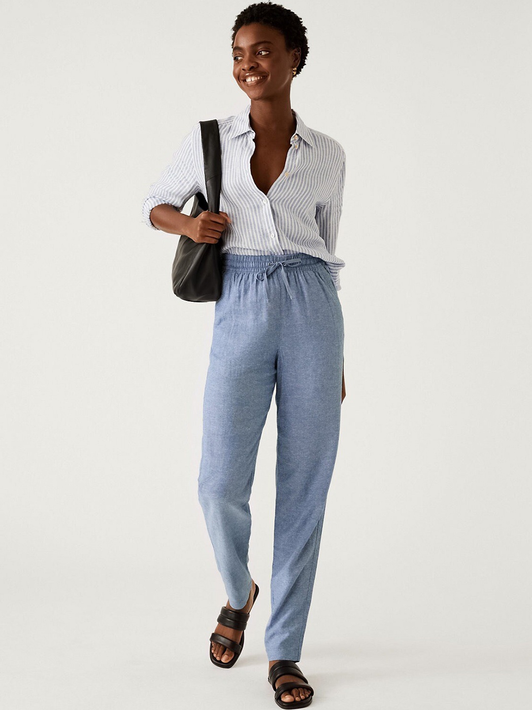 

Marks & Spencer Women Checked Tapered Fit High-Rise Trousers, Blue