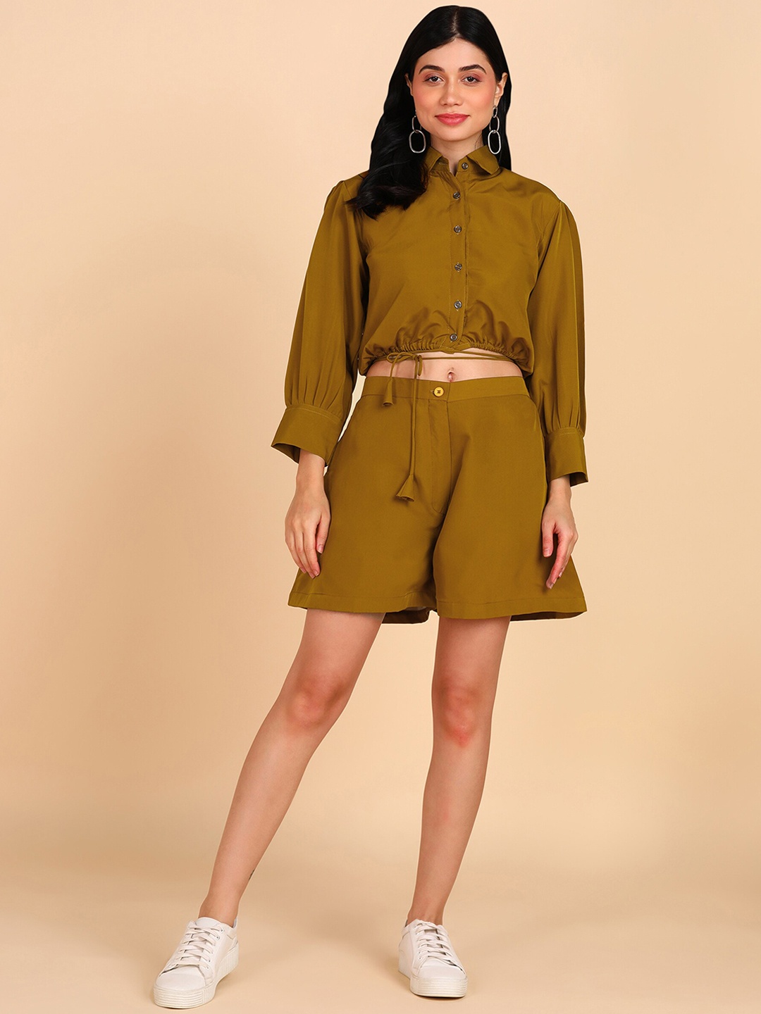 

BAESD Shirt Collar Cuffed Sleeves Crop Top With Shorts, Olive