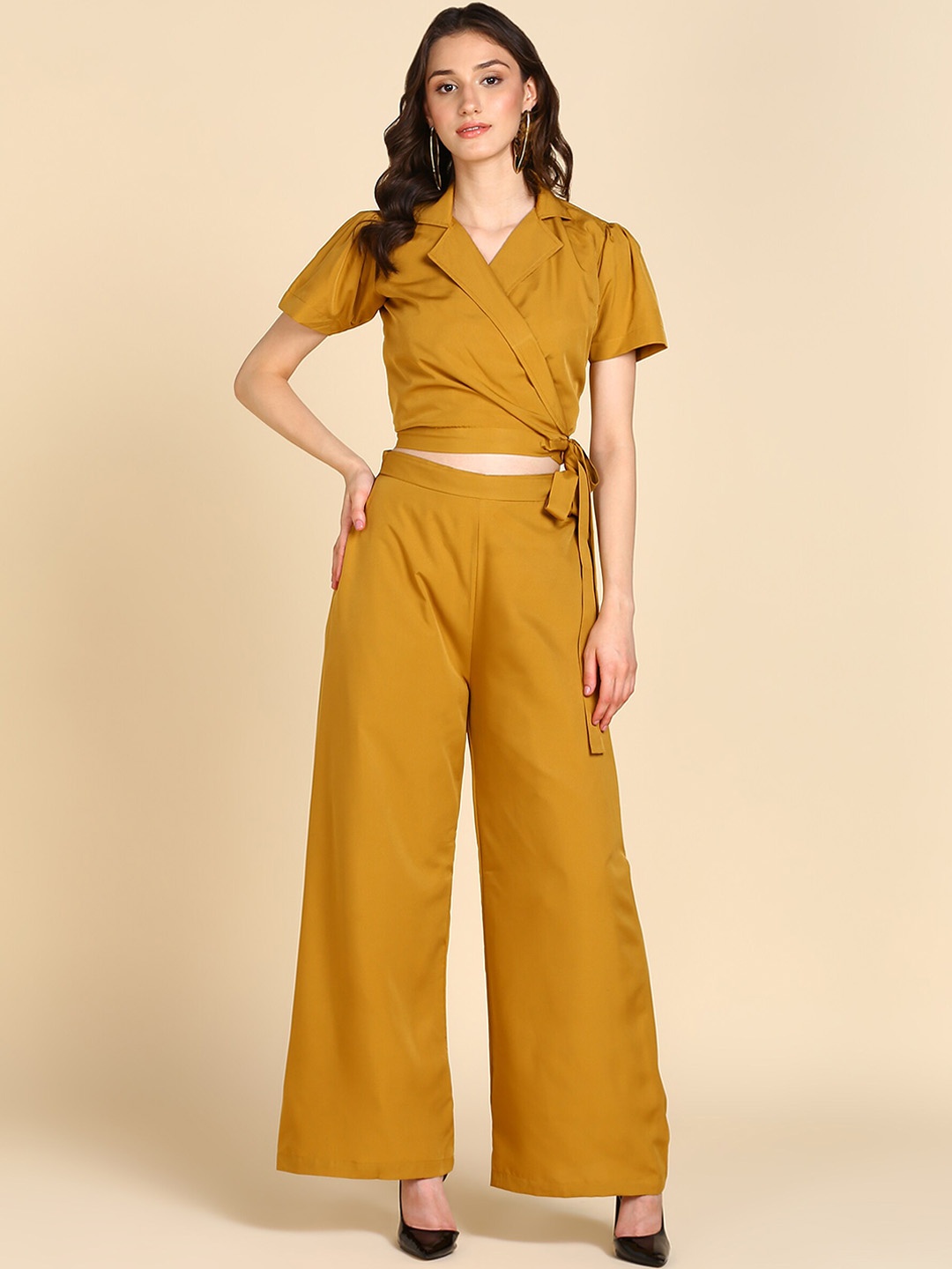 

BAESD Lapel Collar Tie-Up Detail Crop Top With Palazzos, Yellow