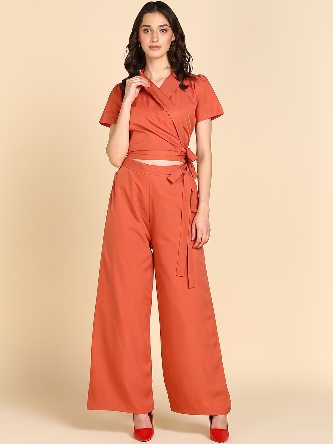 

BAESD Lapel Collar Tie-Up Detail Crop Top With Palazzos, Orange