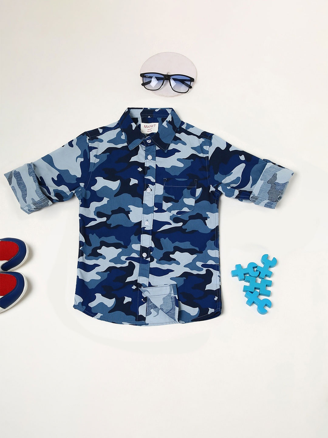 

MANET Boys Abstract Printed Spread Collar Regular Fit Cotton Casual Shirt, Blue