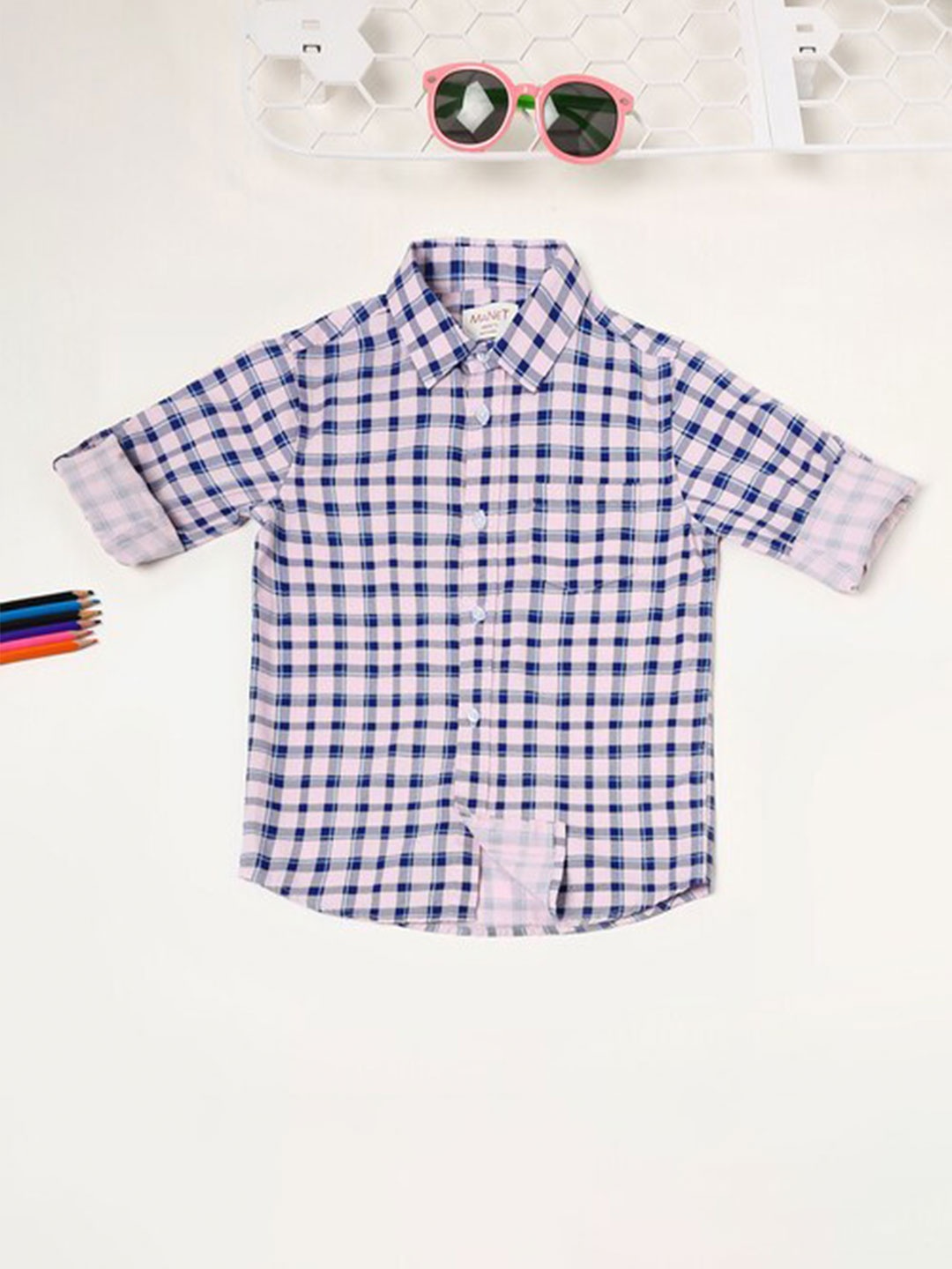 

MANET Boys Tartan Checks Spread Collar Roll-Up Sleeves Cotton Casual Shirt, Pink