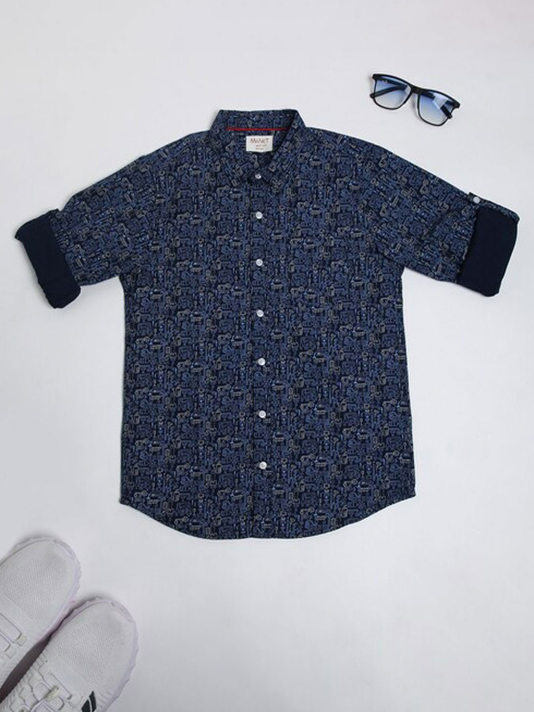 

MANET Boys Conversational Printed Spread Collar Roll-Up Sleeves Cotton Casual Shirt, Navy blue