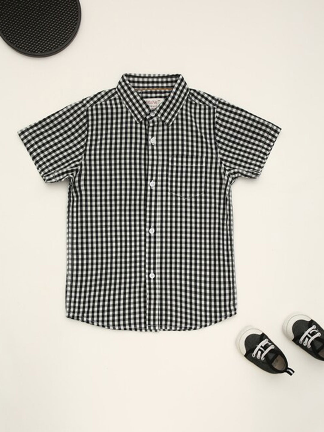 

MANET Boys Gingham Checks Spread Collar Cotton Casual Shirt, Black