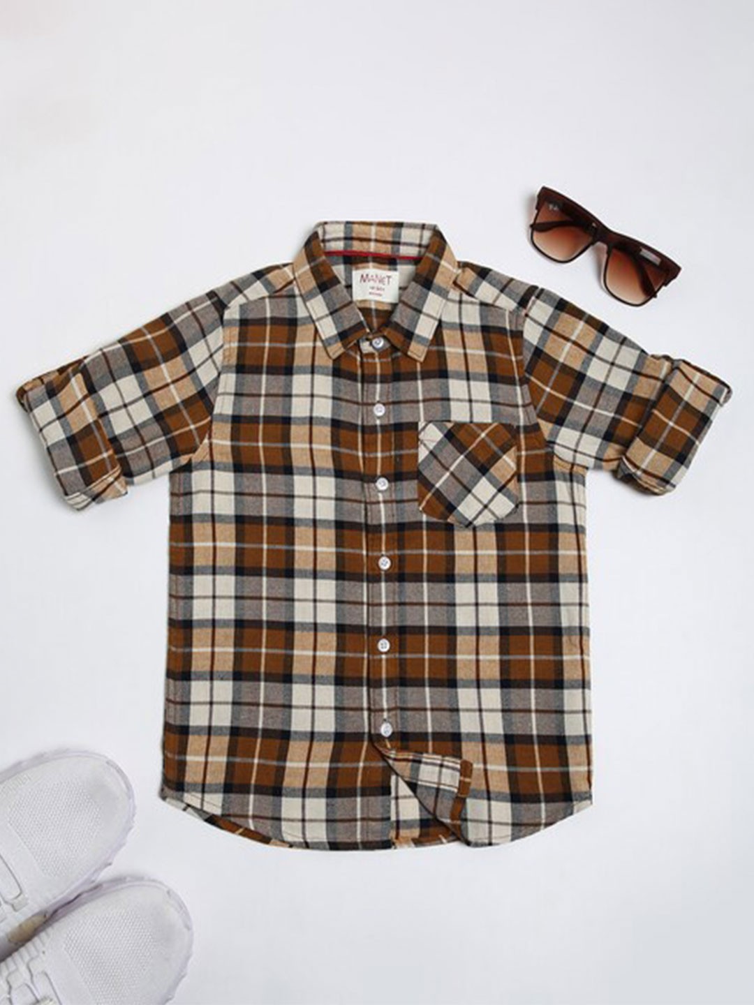

MANET Boys Tartan Checks Spread Collar Roll-Up Sleeves Cotton Casual Shirt, Brown