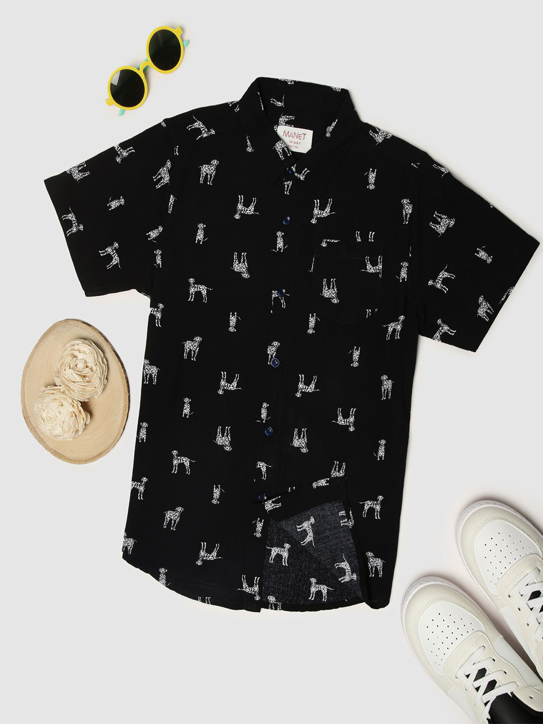 

MANET Boys conversational Printed Spread Collar Cotton Casual Shirt, Black