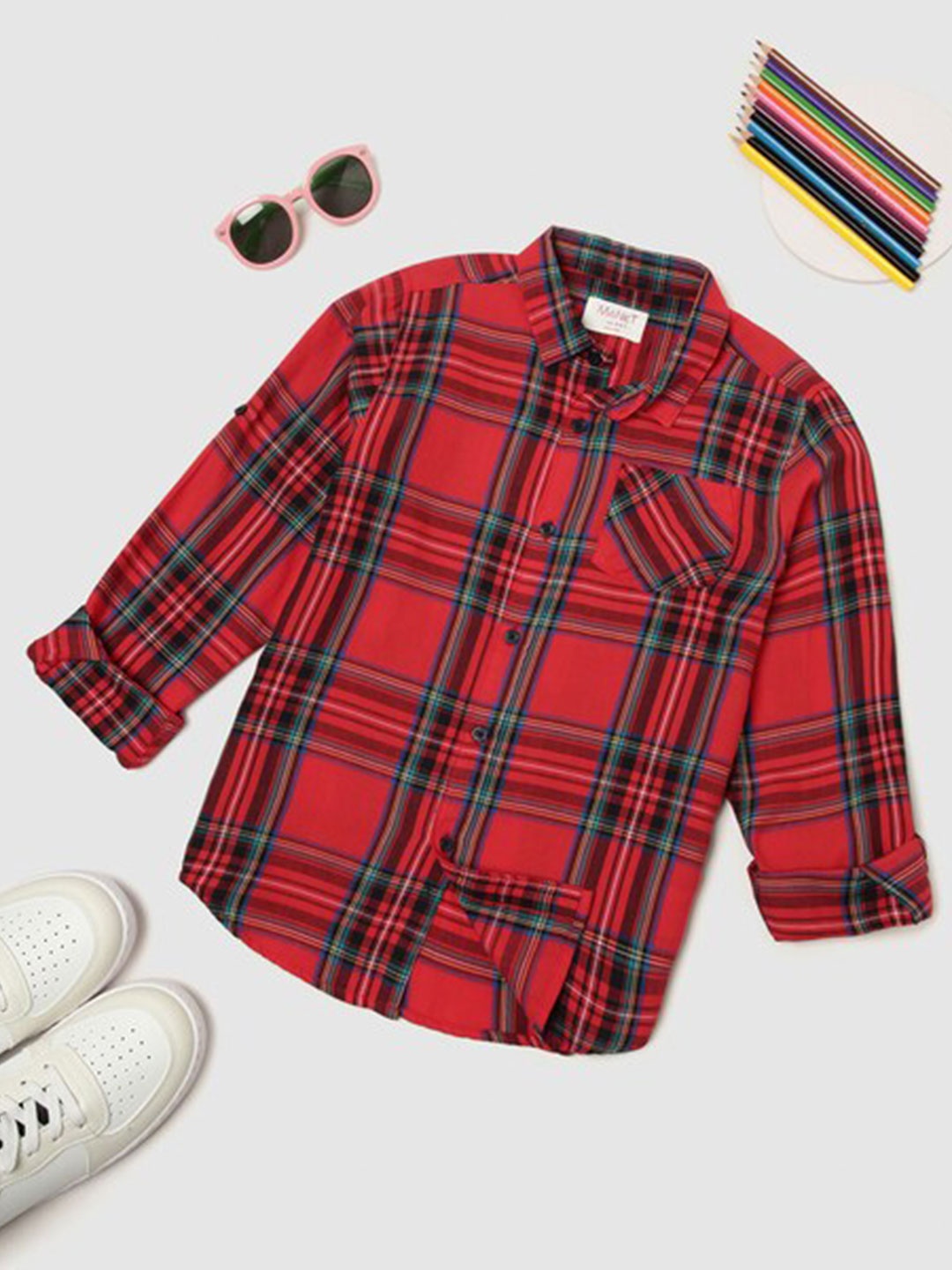 

MANET Boys Tartan Checks Spread Collar Roll-Up Sleeves Cotton Casual Shirt, Black