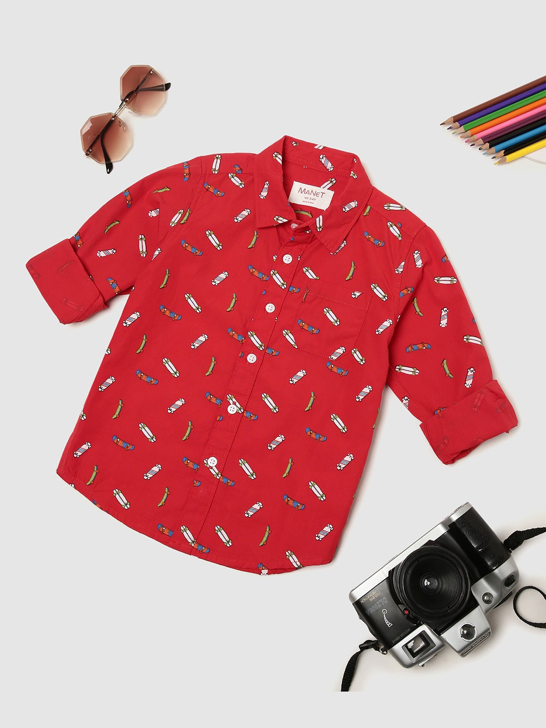 

MANET Boys conversational Printed Spread Collar Roll-Up Sleeves Cotton Casual Shirt, Red