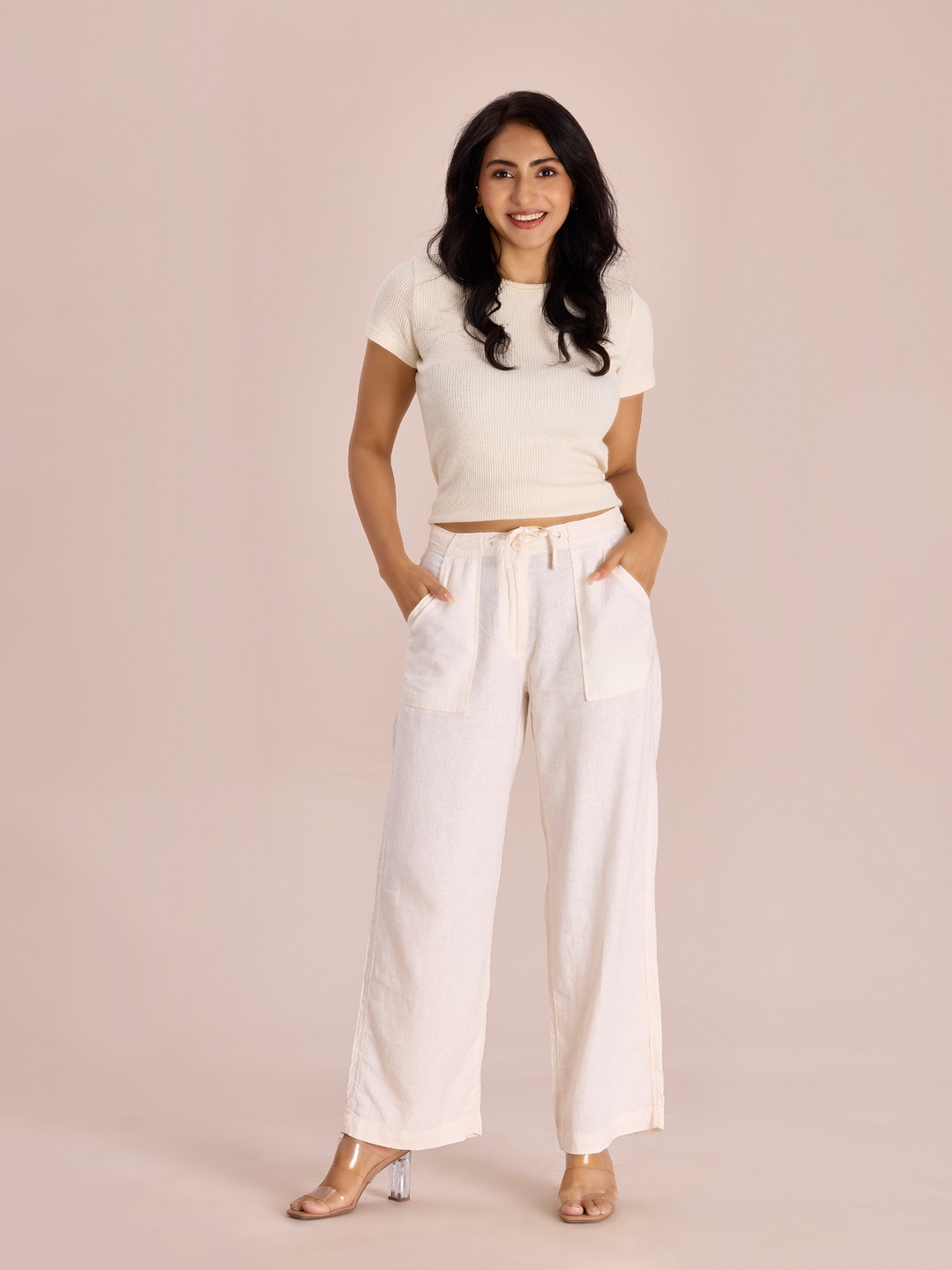 

Go Colors Women Mid Rise Linen Trousers, Off white