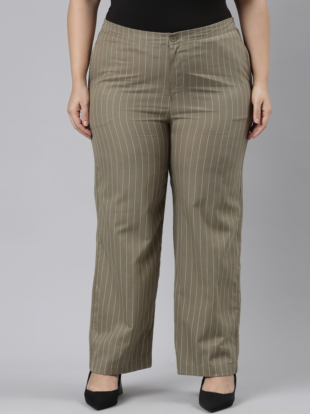 

Go Colors Women Striped Cotton Trousers, Olive