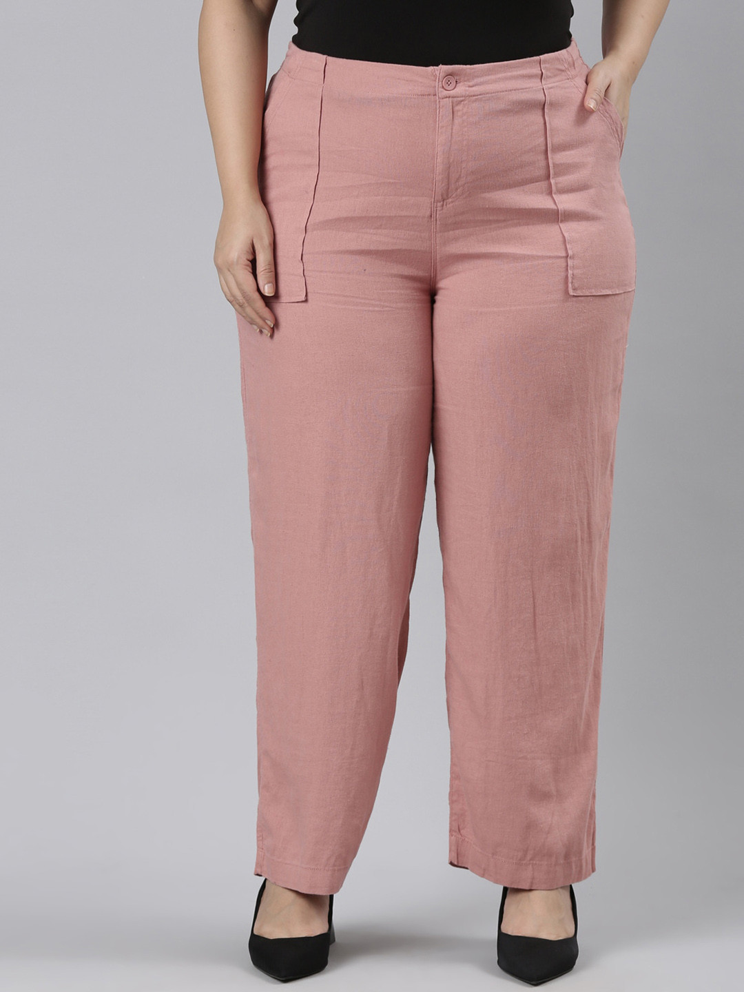 

Go Colors Women Mid Rise Linen Trousers, Pink