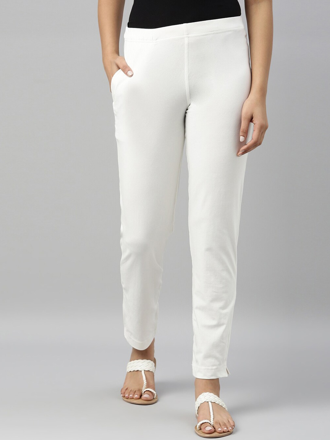 

Go Colors Women Mid Rise Cotton Trousers, Cream