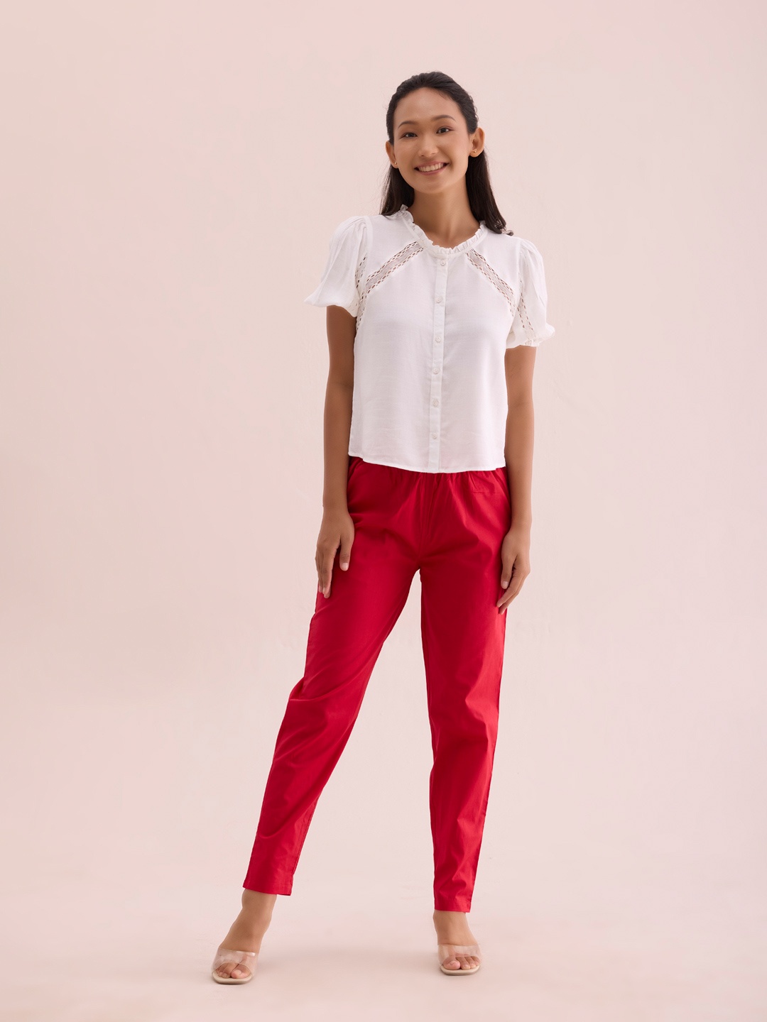 Go Colors Women Tapered Fit Trousers, Red