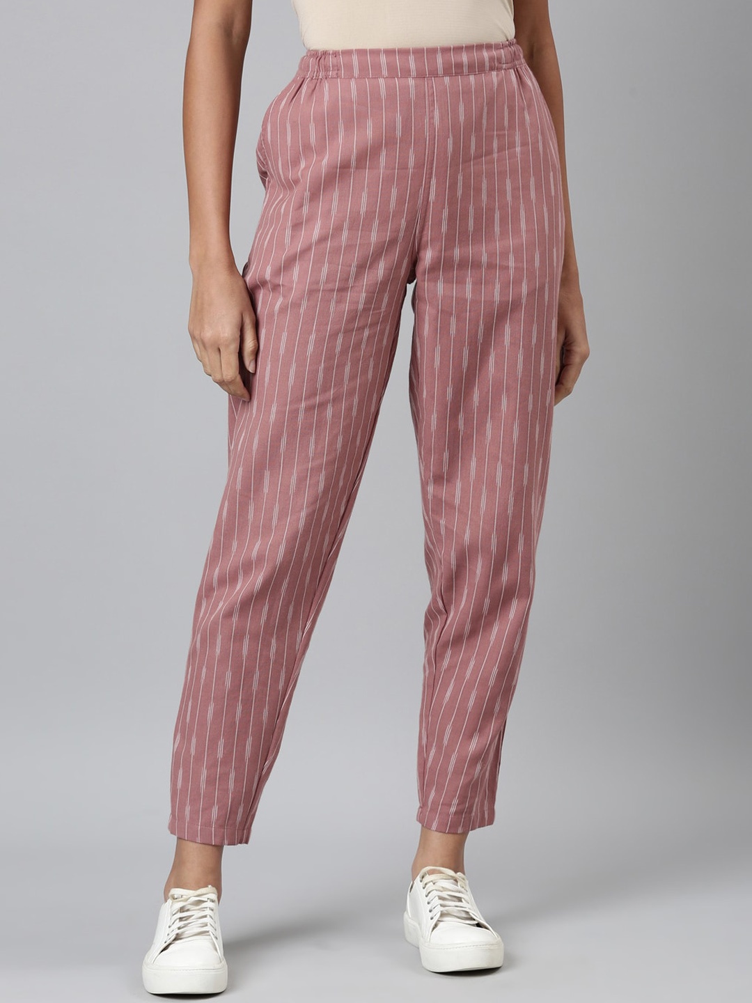 

Go Colors Women Striped Straight Fit Trousers, Pink