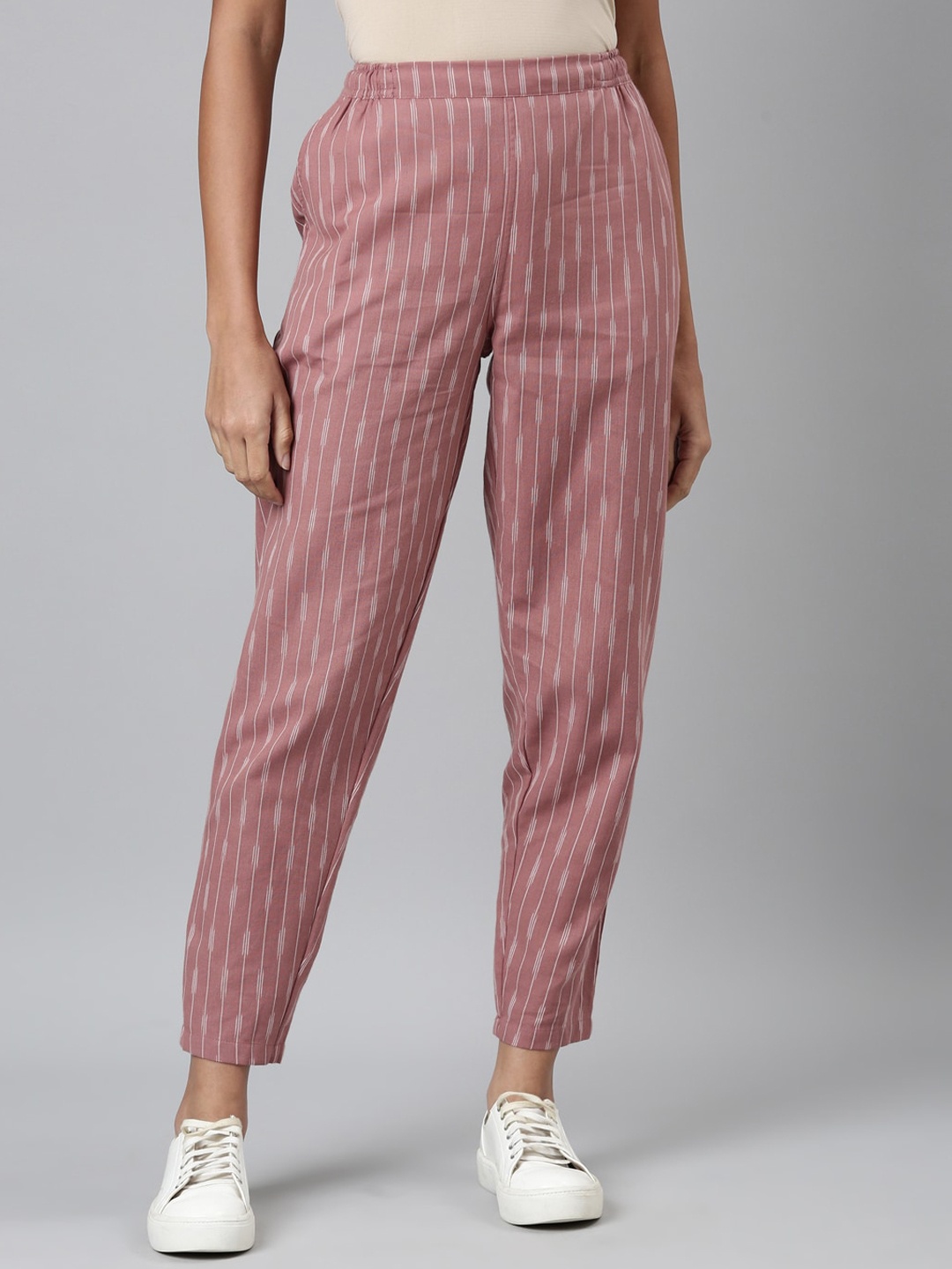 

Go Colors Women Striped Straight Fit Trousers, Pink