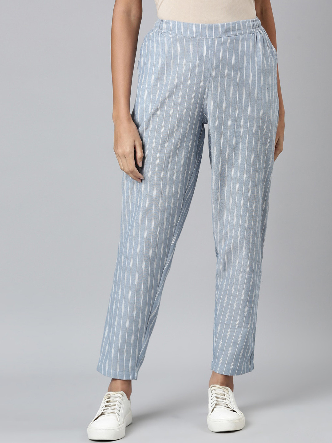 

Go Colors Women Striped Tapered Fit Trousers, Blue