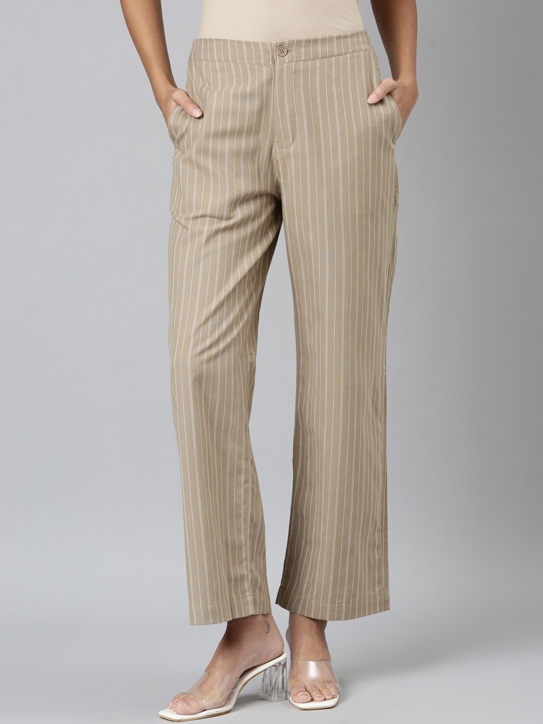

Go Colors Women Mid-Rise Cotton Trousers, Beige