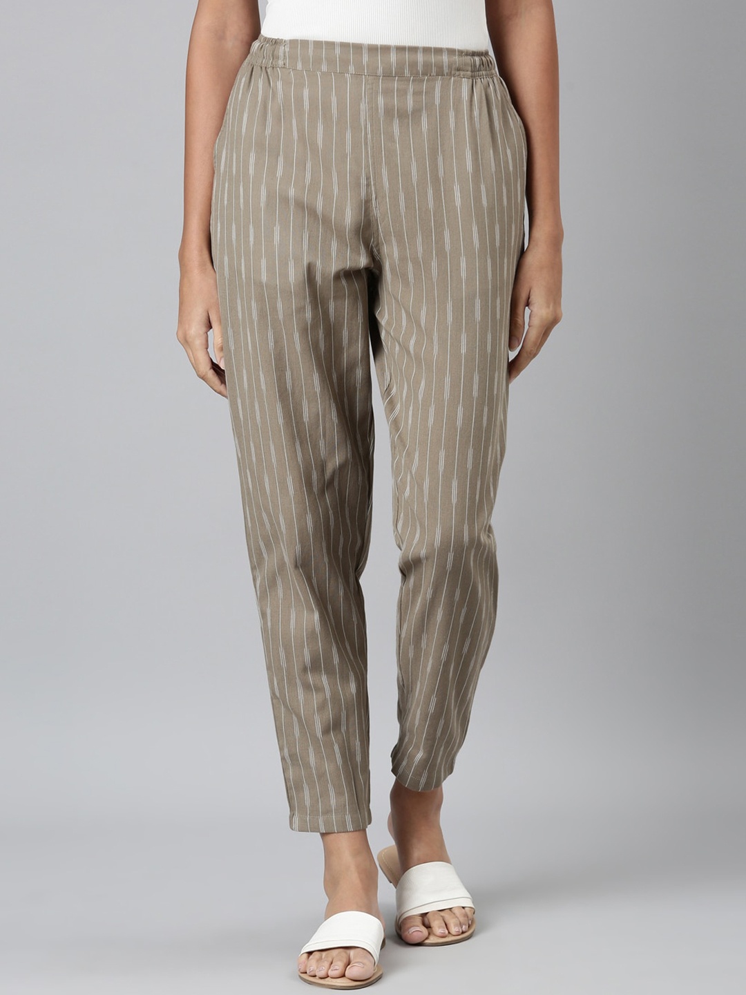 

Go Colors Women Striped Straight Fit Trousers, Beige