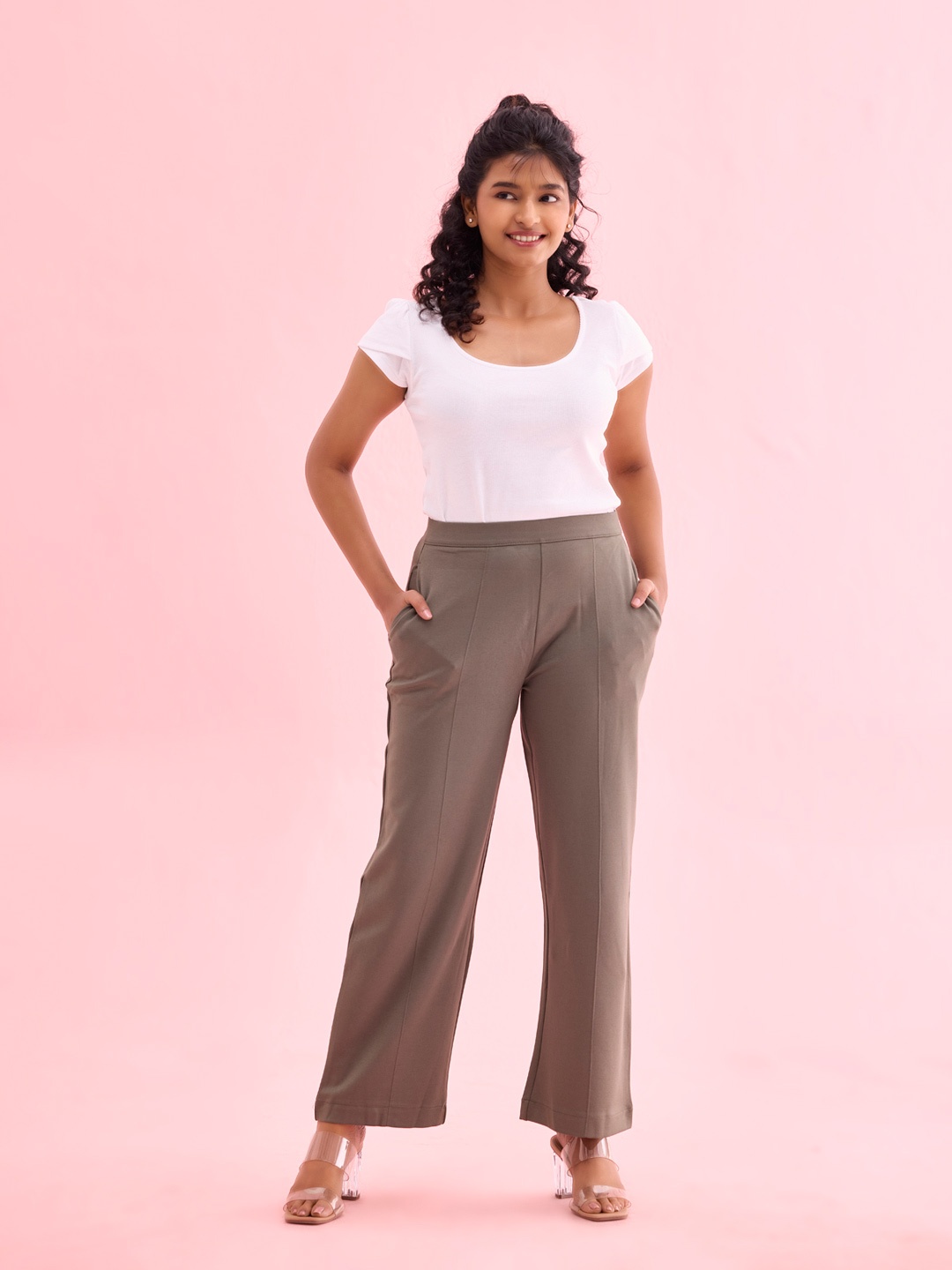 

Go Colors Women High-Rise Trousers, Olive