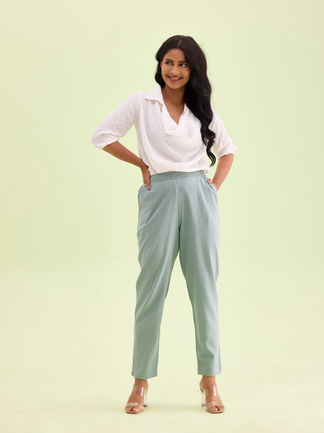 

Go Colors Women Straight Fit Linen Trousers, Green