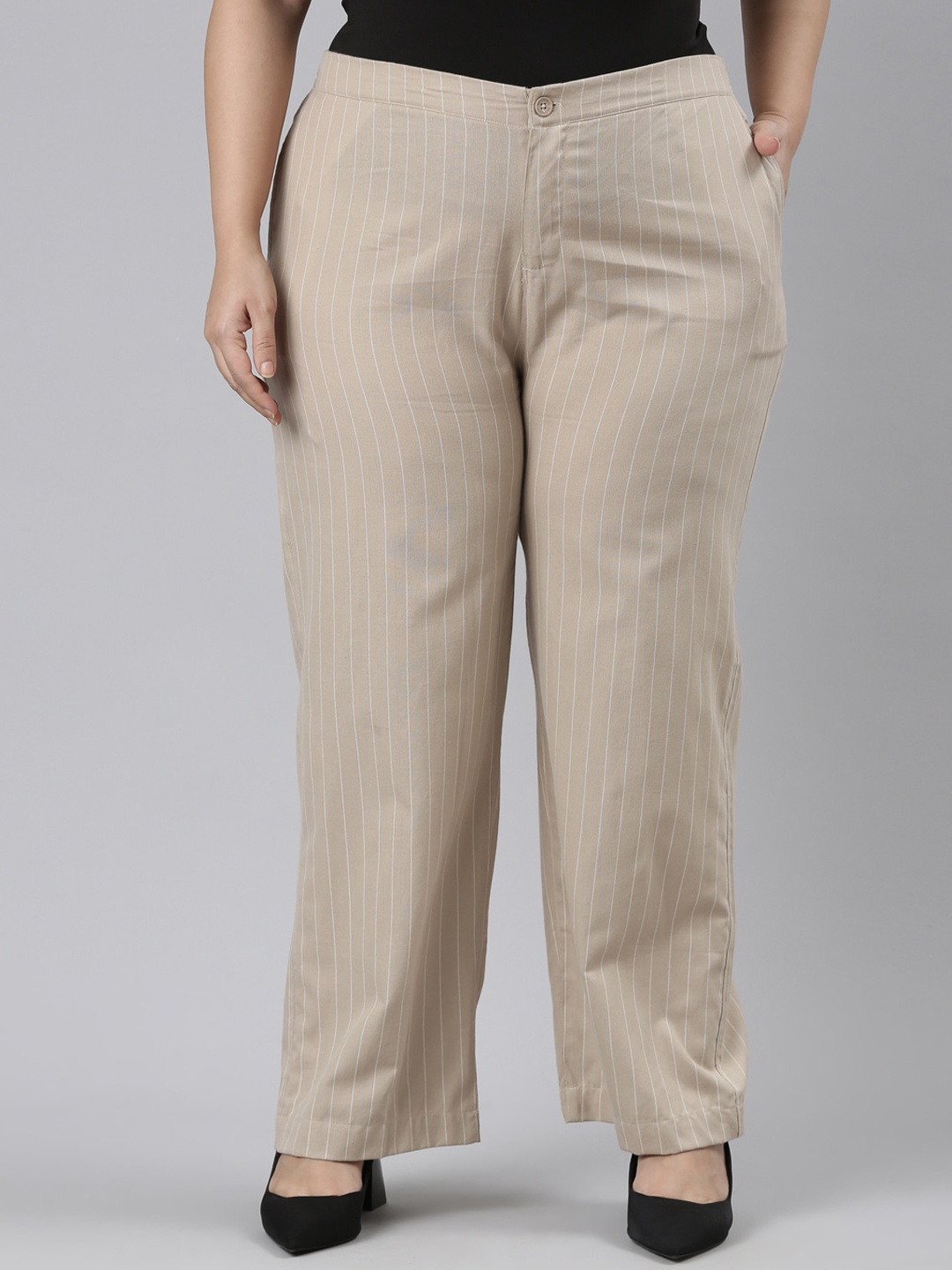 

Go Colors Women Plus Size Striped Cotton Parallel Trousers, Beige