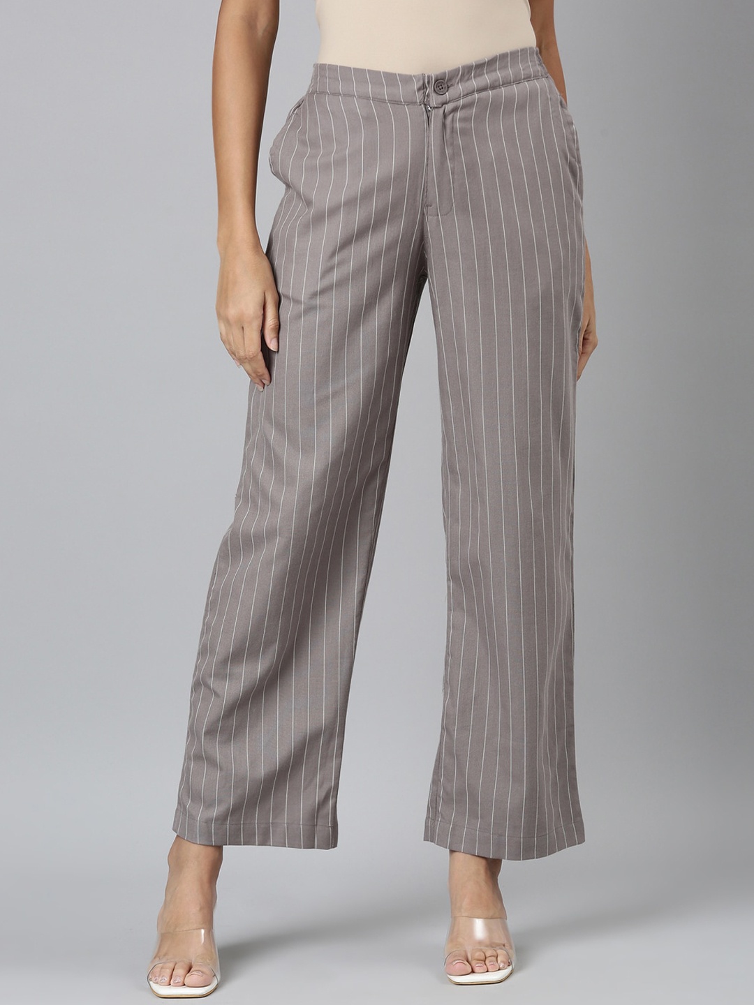 

Go Colors Women Striped Cotton Parallel Trousers, Grey