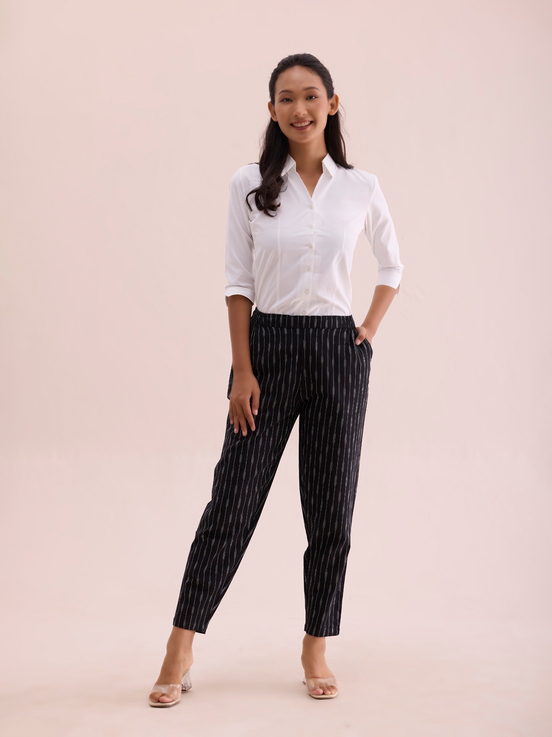 Go Colors Women Striped Straight Fit Linen Regular Trousers, Black