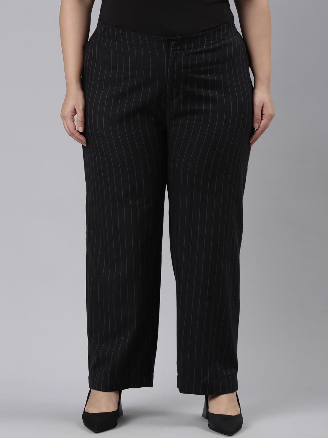 

Go Colors Women Plus Size Stripes Cotton Parallel Trousers, Black