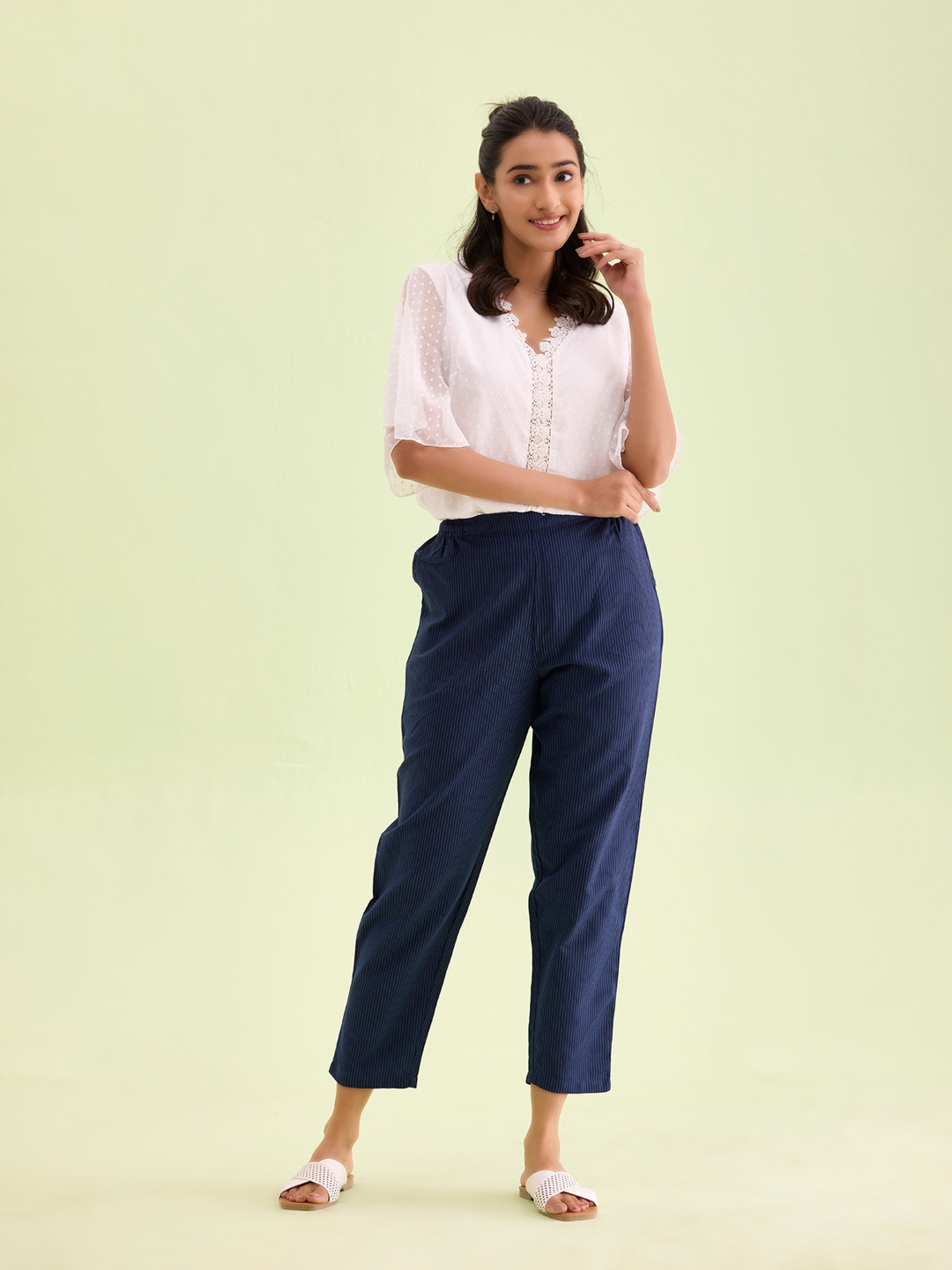 

Go Colors Women Striped Straight Fit Linen Cigarette Trousers, Navy blue