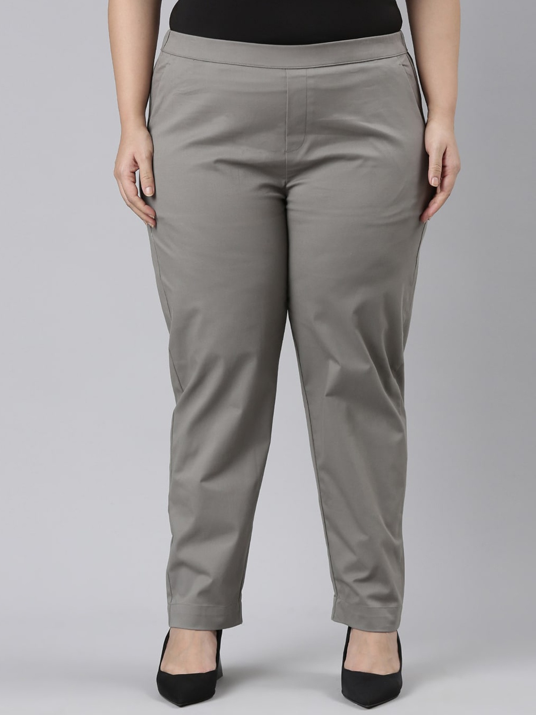 

Go Colors Women Plus Size Tapered Fit Cotton Chinos Trousers, Grey