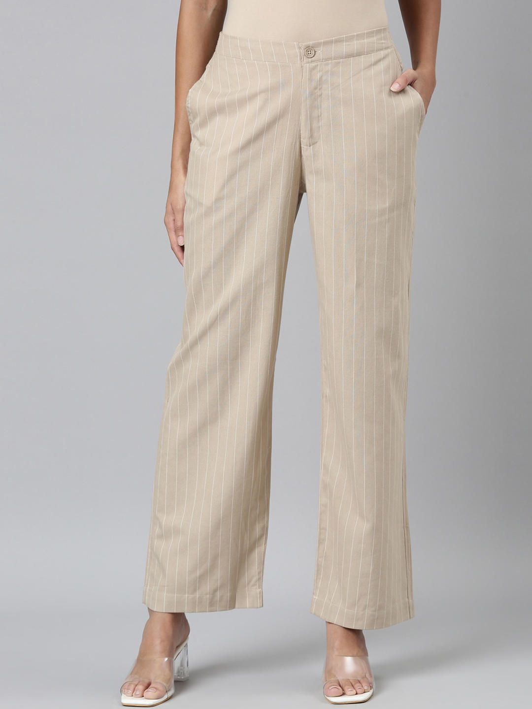 

Go Colors Women Striped Cotton Parallel Trousers, Beige