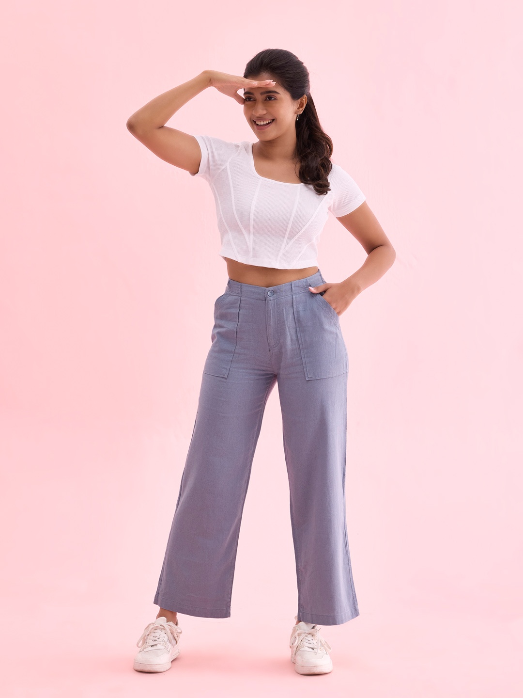 

Go Colors Plus Size Women Linen Parallel Trousers, Blue