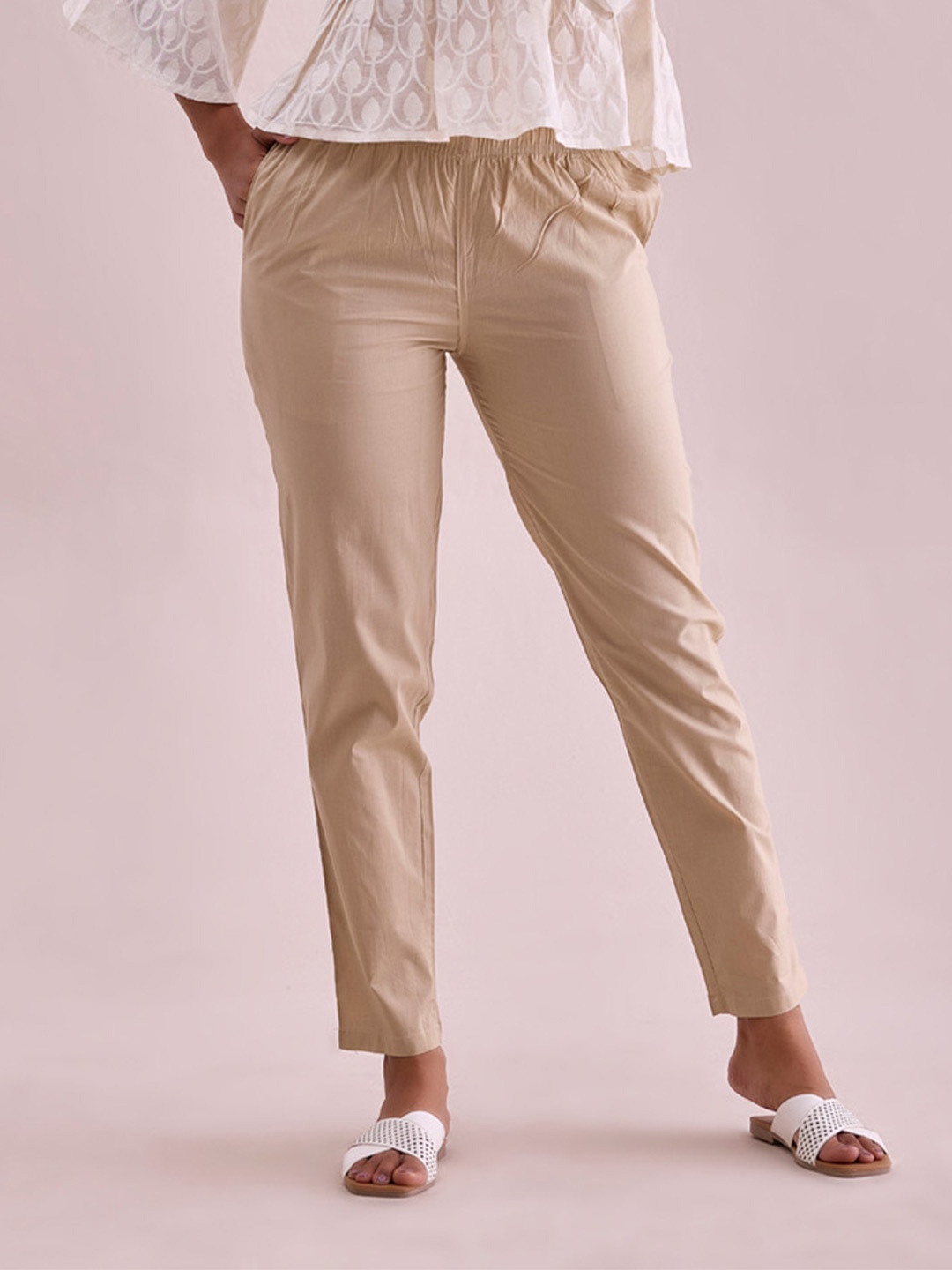Go Colors Women Tapered Fit Mid-Rise Pleated Cotton Trousers, Beige