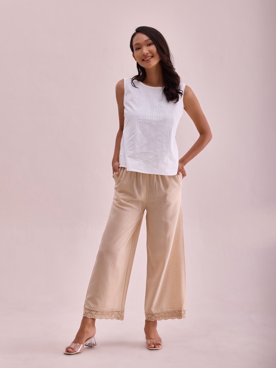 Go Colors Women Mid-Rise Parallel Palazzos, Beige