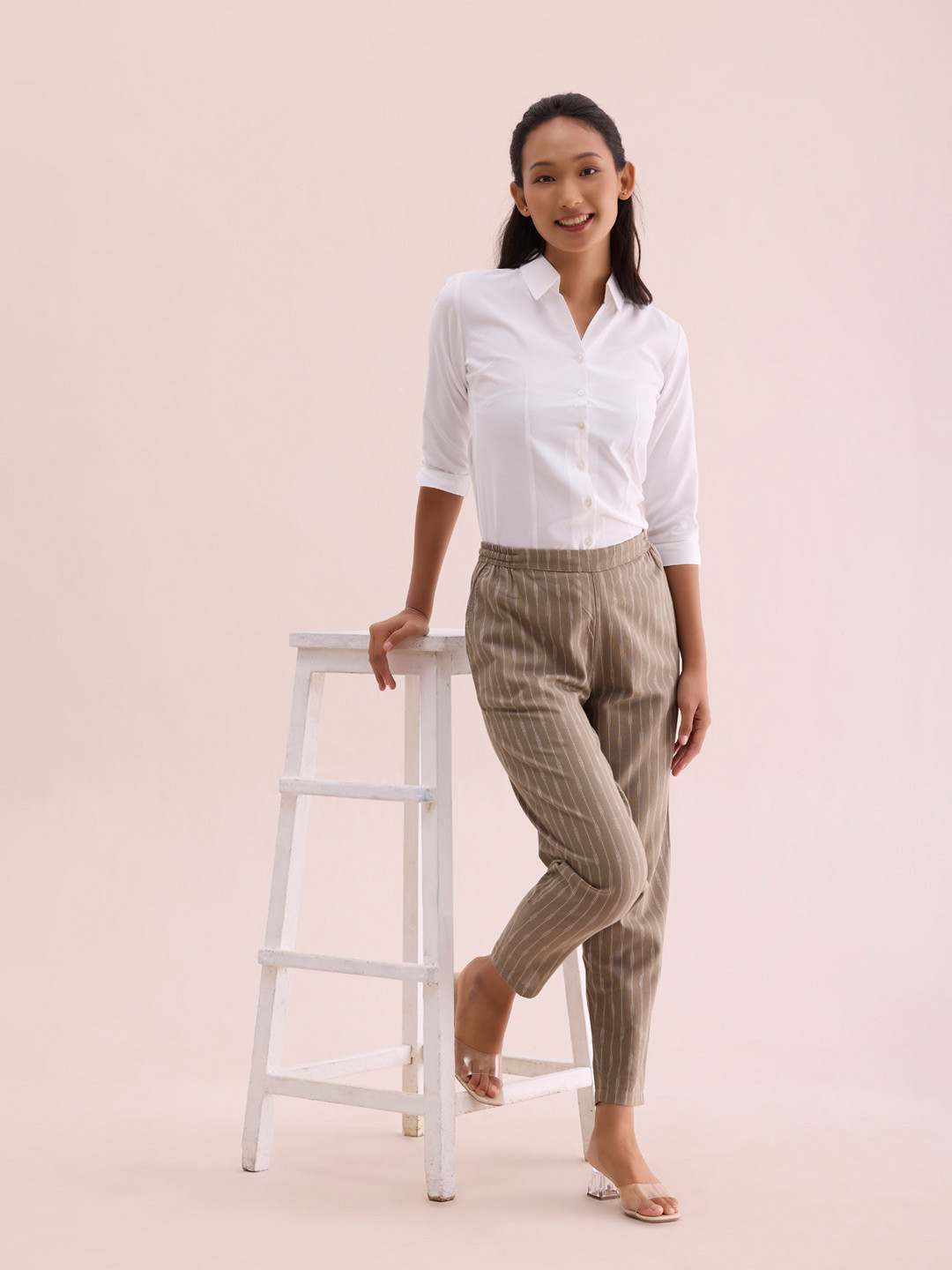 

Go Colors Women Striped Straight Fit Mid-Rise Linen Trousers, Beige