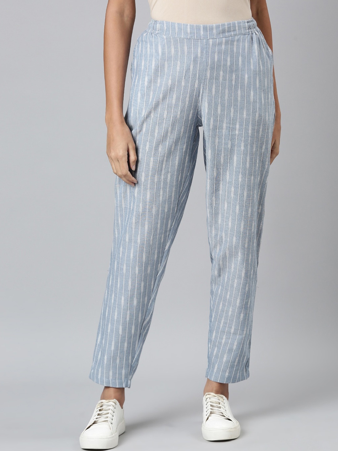 

Go Colors Women Striped Tapered Fit Mid-Rise Trousers, Blue