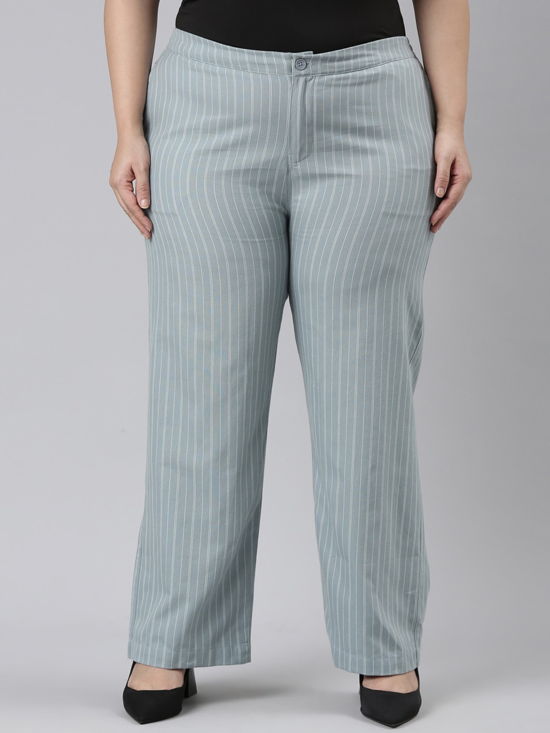 

Go Colors Women Plus Size Striped Mid Rise Plain Cotton Parallel Trousers, Blue