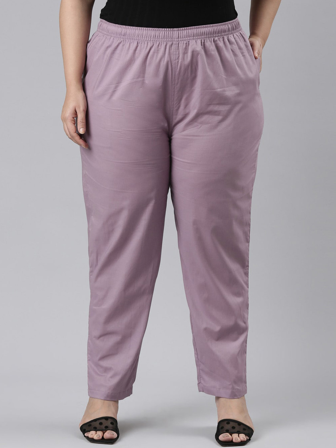 

Go Colors Women Plus Size Mid Rise Cotton Tapered Fit Trousers, Purple