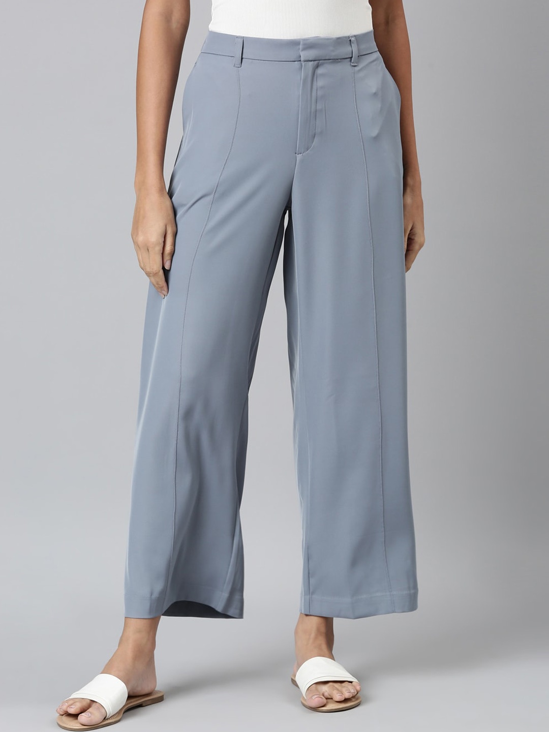 

Go Colors Women High-Rise Plain Parallel Trousers, Blue