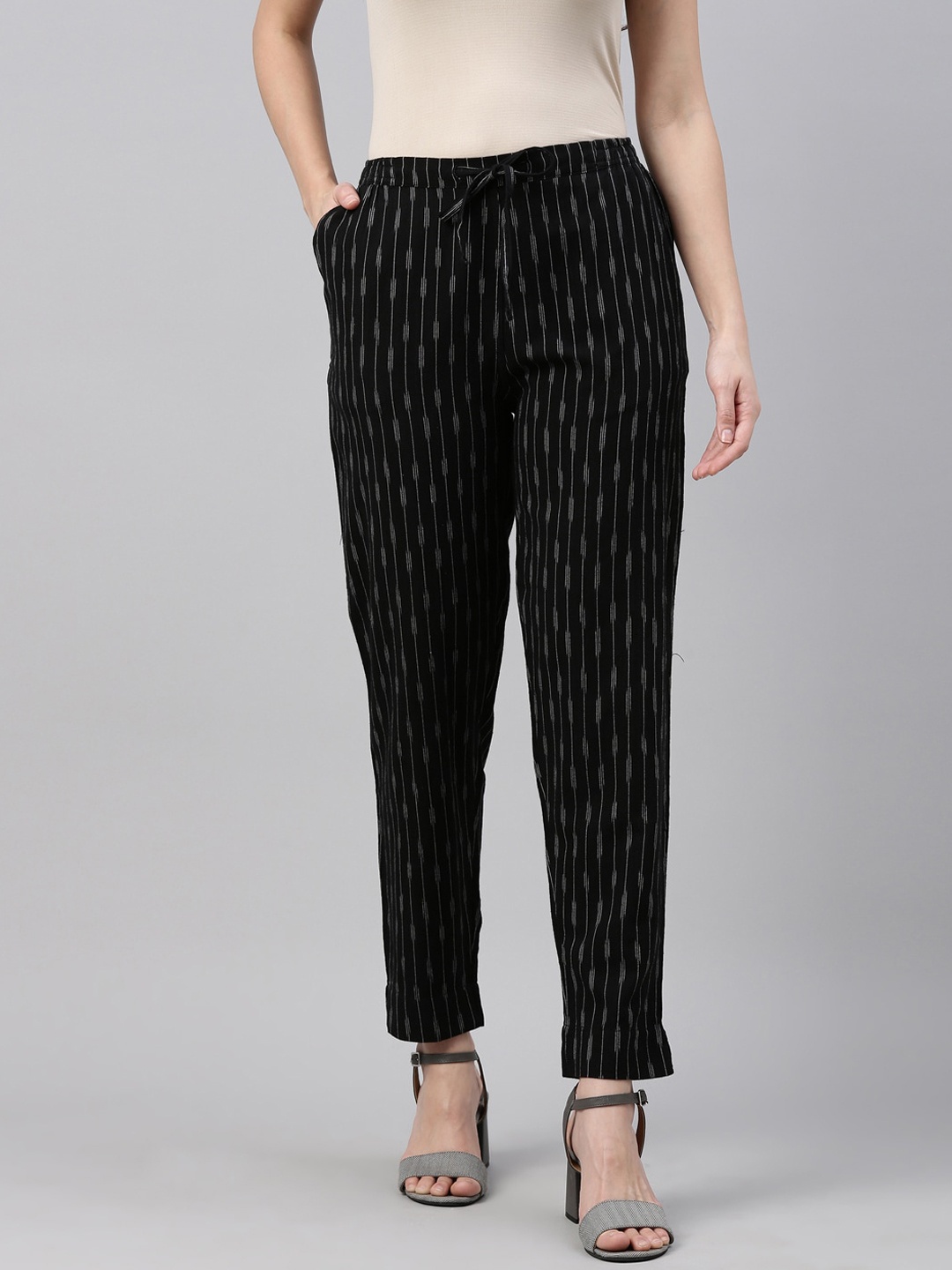 

Go Colors Women Printed Straight Fit Linen Trousers, Black