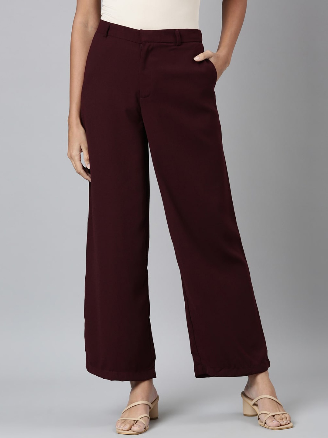 Go Colors Women High-Rise Cropped Parallel Trousers, Maroon