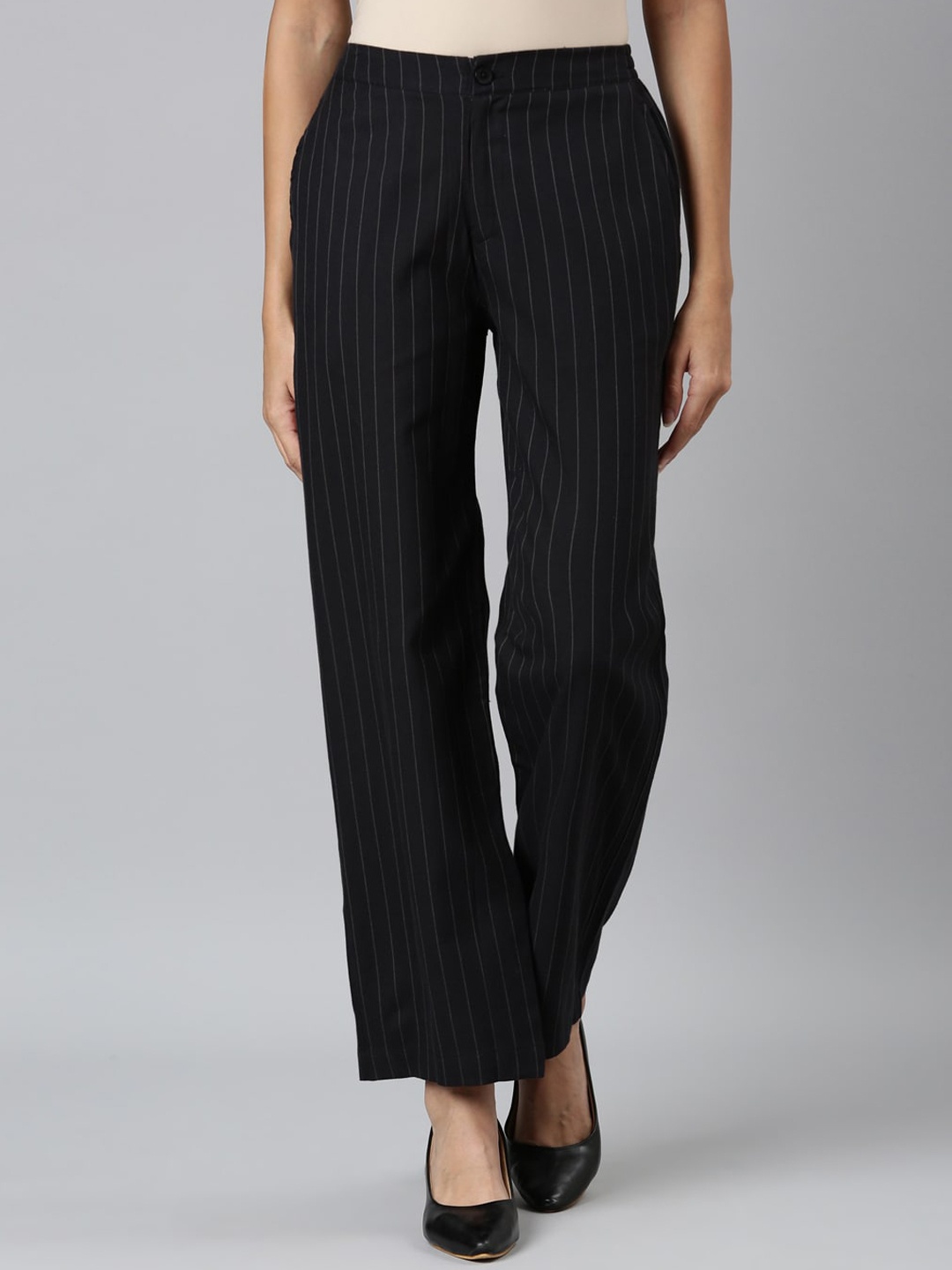 

Go Colors Women Striped Mid-Rise Cotton Parallel Trouser, Black