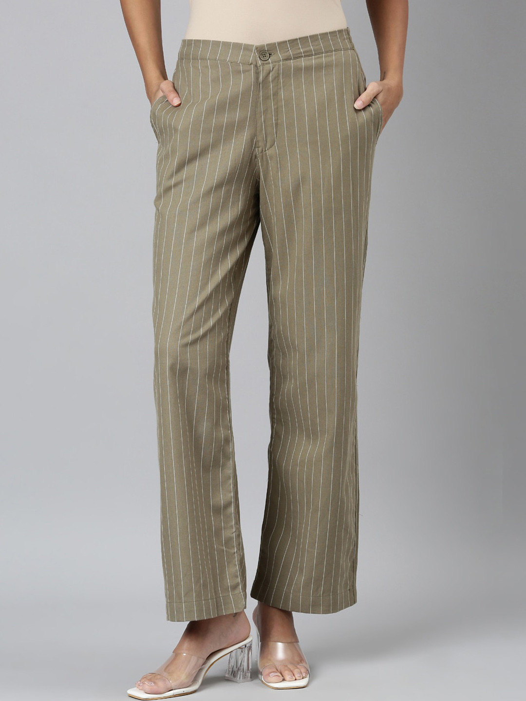 

Go Colors Women Striped Mid-Rise Cotton Parallel Trouser, Olive