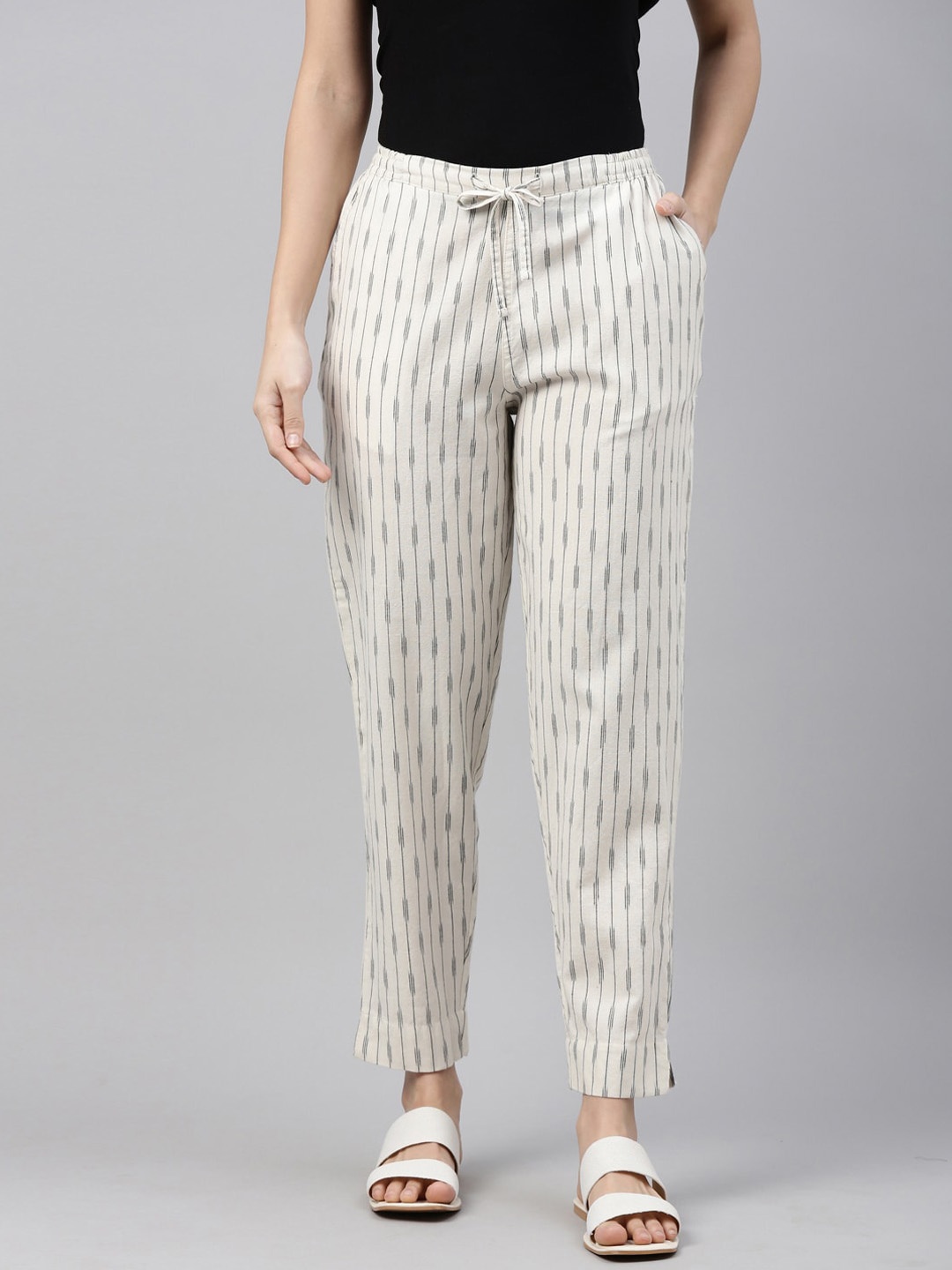 

Go Colors Women Cream-Coloured Striped Straight Fit Trousers