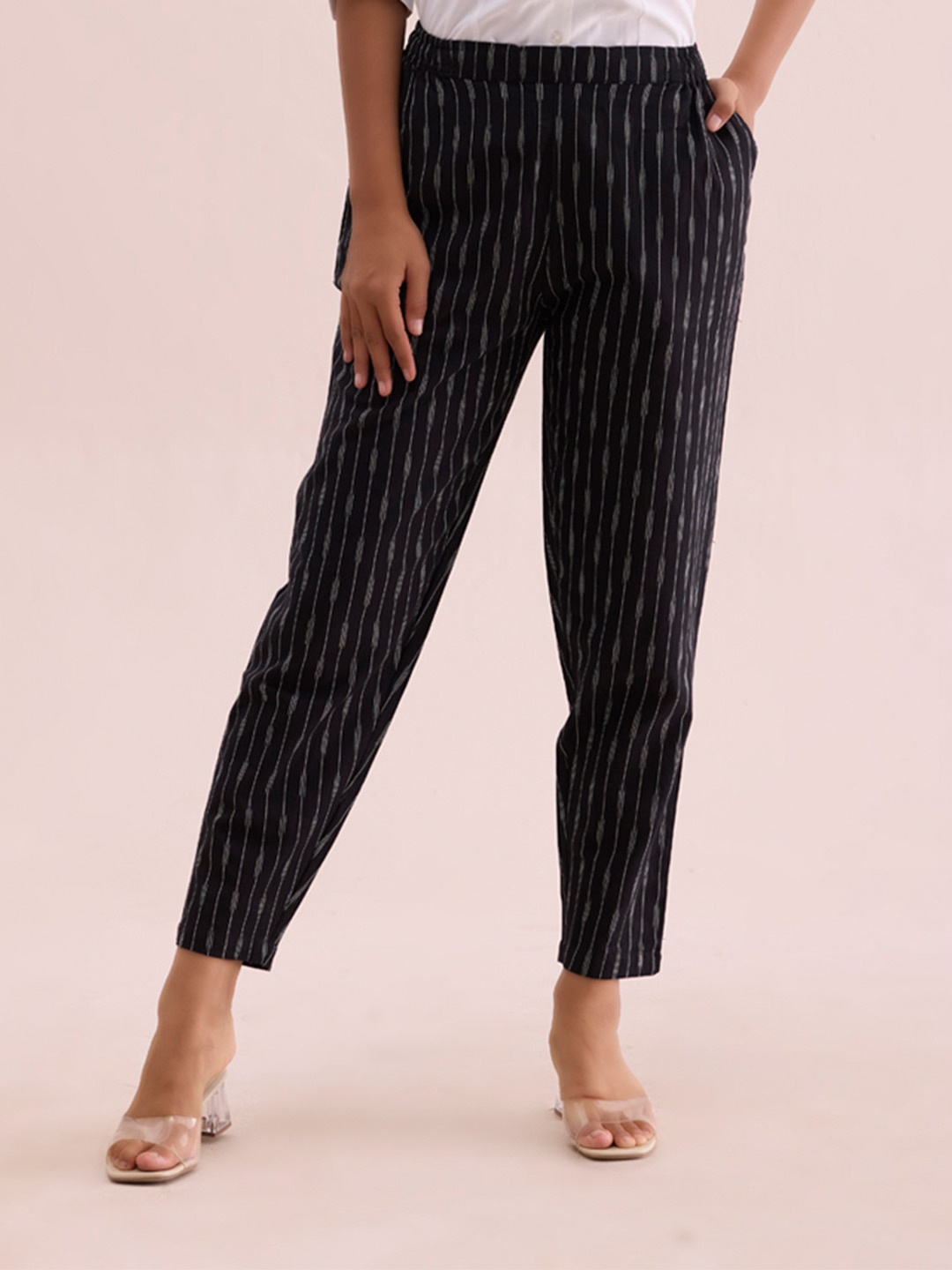 

Go Colors Women Striped Smart Linen Straight Fit Trousers, Black