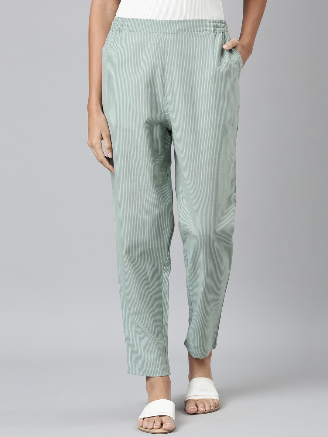 Go Colors Women Striped Smart Linen Straight Fit Trousers, Green